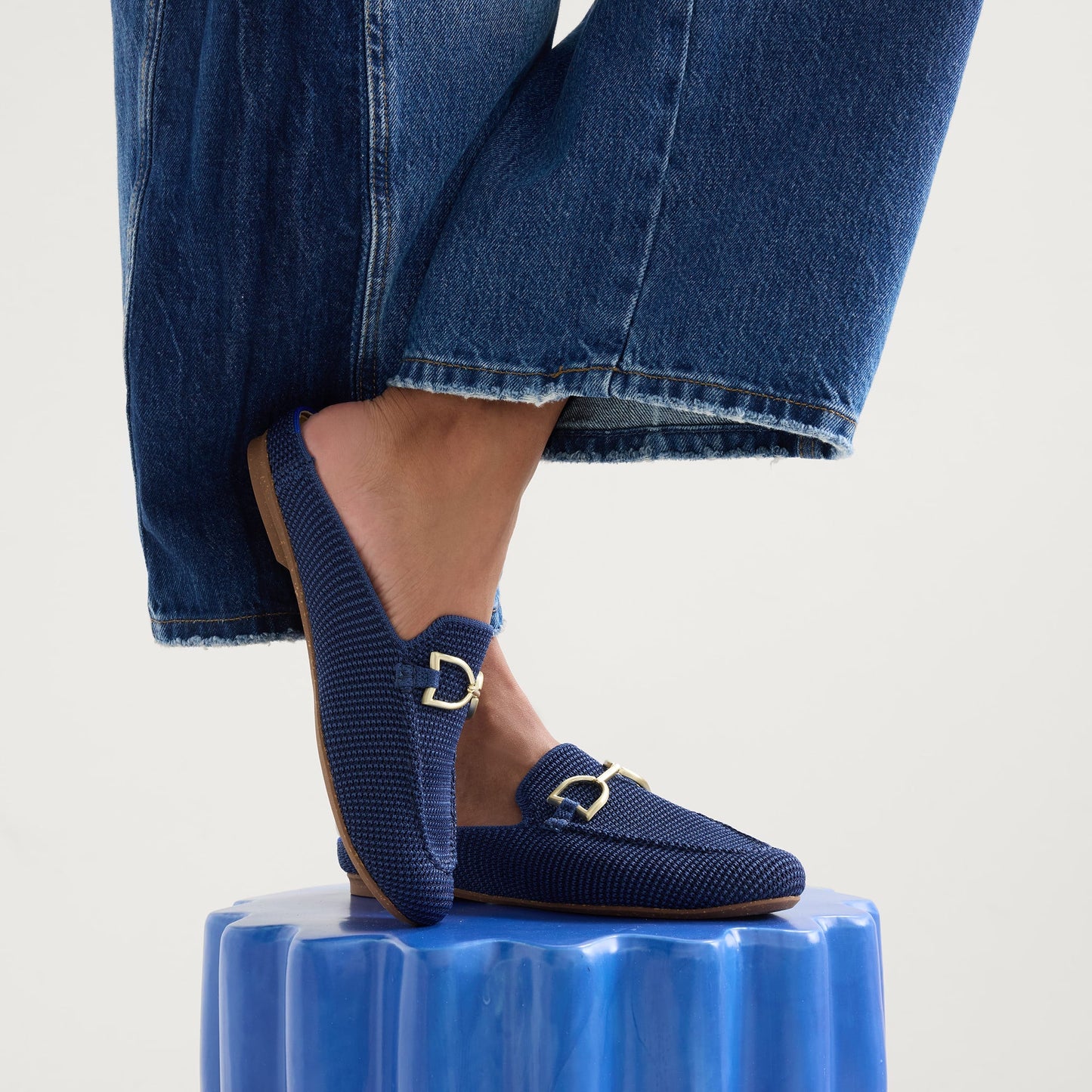 Rothy's The Double Bit Loafer Mule in Blue Raffia-Knit