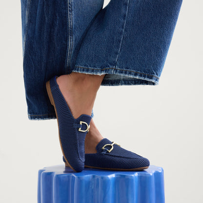 Rothy's The Double Bit Loafer Mule in Blue Raffia-Knit