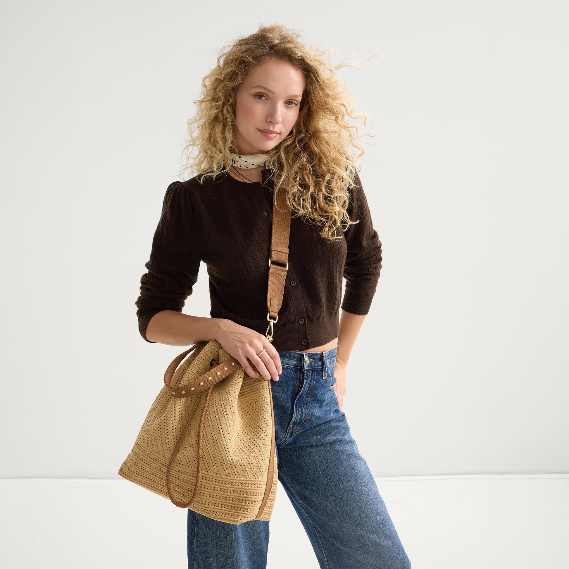 Rothy's The Cinch Bucket Bag in Brown Butter Crochet