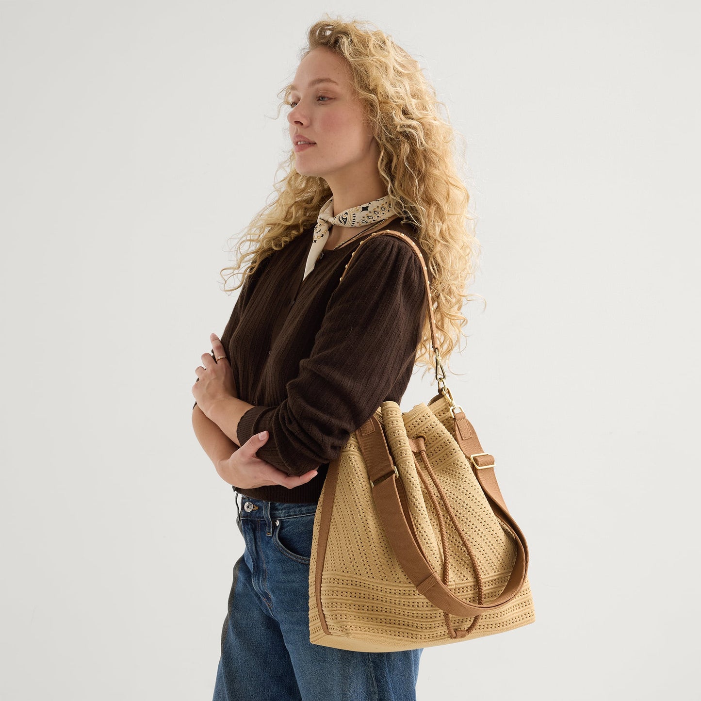 Rothy's The Cinch Bucket Bag in Brown Butter Crochet