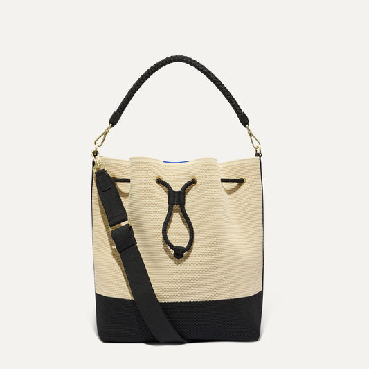 Rothy's The Cinch Bucket Bag in Black and White Raffia-Knit