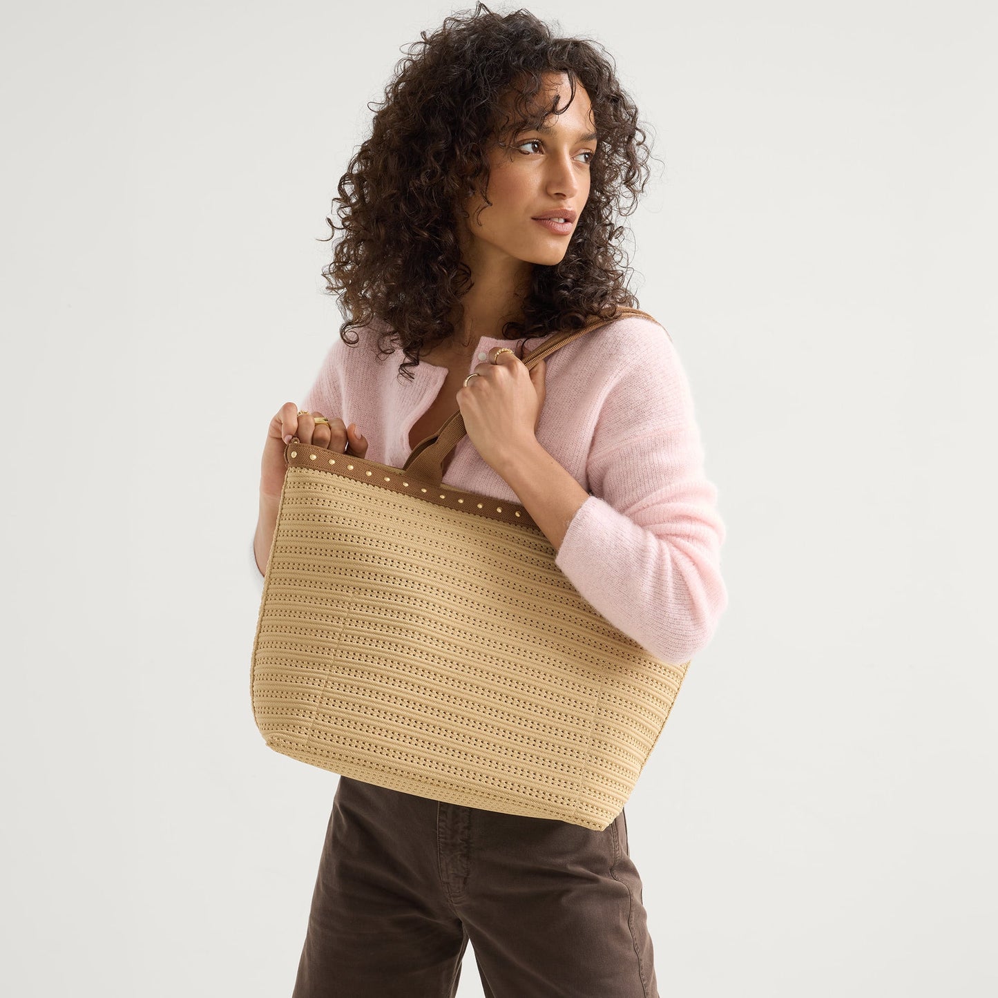 Rothy's The Lightweight Zipper Tote in Brown Butter Crochet